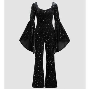 Cider Velvet Sweetheart Star Pattern Bell Sleeve Jumpsuit